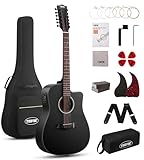 Tostar Acoustic Electric Guitar 12 String Guitarra Acustica for Beginners Professioner 42' Full Size with Gig Bag, Picks, Strings, Strap, Gloss,Guitarra de 12 Cuerdas Dreadnought Body Black Cutaway