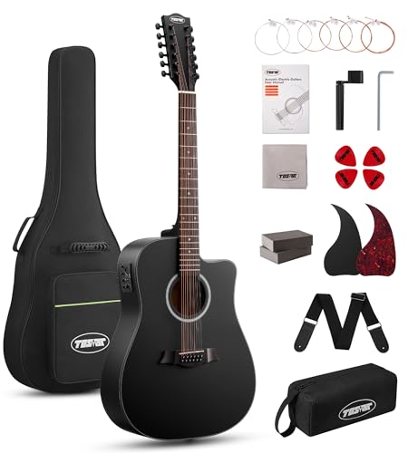Tostar Acoustic Electric Guitar 12 String Guitarra Acustica for Beginners Professioner 42 Full Size with Gig Bag Picks Strings Strap Gloss Guitarra de 12 Cuerdas Dreadnought Body Black