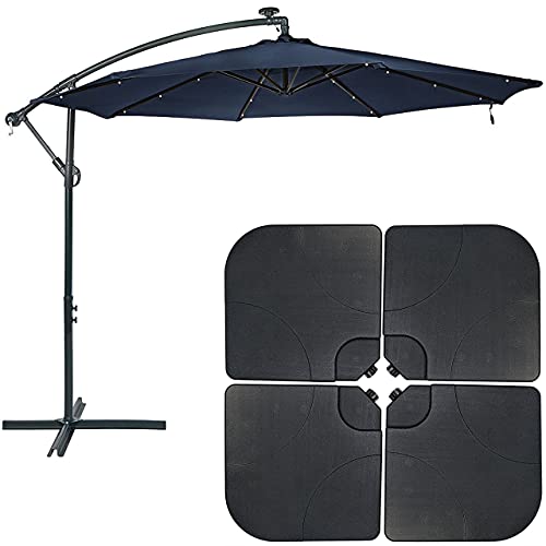 Sunnydaze Navy Blue 10-Foot Offset Cantilever Solar Patio Umbrella With Outdoor Led Lights, Crank, And Cross Base And A Set Of 4 Heavy-Duty Black Cantilever Offset Patio Umbrella Base Plates Bundle #TOP10