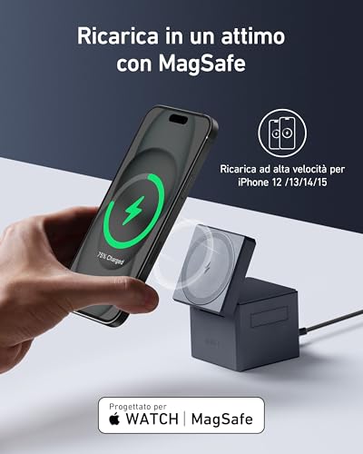 Anker Caricatore Magsafe Cube 3 in 1 con MagSafe caric wireless richiudibile ricarica rapida max 15 W iPhone 141312 Apple Watch Series 18Ultra AirPods Pro32 con caric USBC 30 W