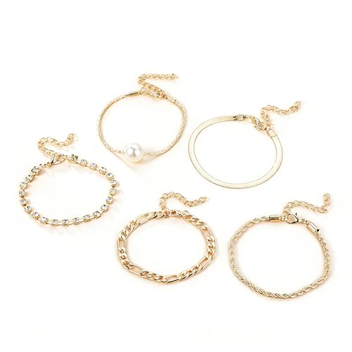 Nojess バロックパールブレスレット 女性用 ゴールドブレスレットセット キューバチェーンリンク ビーズブレスレット 調節可能なラインストーン キュービックジルコニア テニスブレスレット 防水 ホリデーパーティージュエリー, 2XL, キュービックジルコニア パール。 Aolly キュービックジルコニア。 パール。, 宝石なし