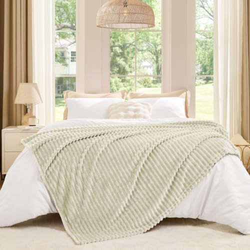 Image of BEDELITE Ribbed Jacquard Beige Fleece Throw Blanket for Couch, 50x70 Inch