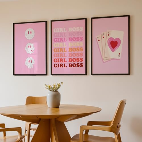 Image of NoWorries Girl Boss Pink Framed Wall Art Set of 3, Pink Red Beige Typography, Smiley & Playing Card Prints with Natural Wood Look Frames for Bedroom, Girls Room, Office, Home Decor (ART-8, 17X25inch)