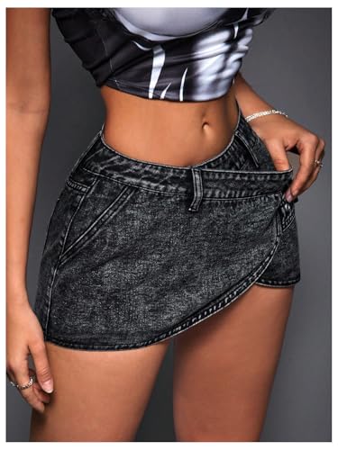 Floerns Women's Buckle Denim Skirt Low Waist Wrap Grommet Eyelet Y2k Mini Skirt3