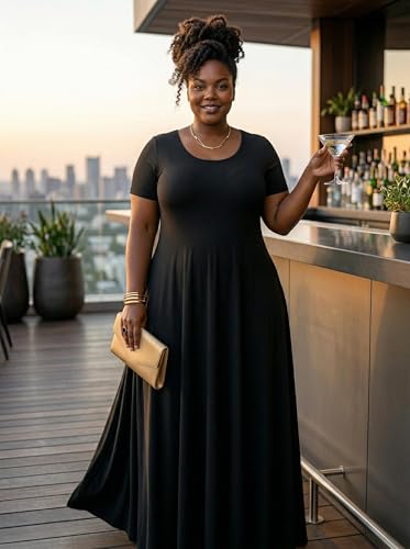 Image of SUZONANA Plus Size Maxi Dress for Curvy Women Summer Casual Sundress Short Sleeve Loose Vacation Dress