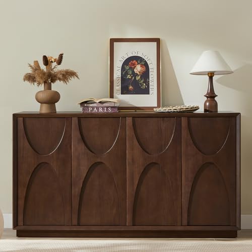 LKTART 59" Sideboard Buffet Cabinet Retro Accent Storage Cabinet with Magnetic Door Latches Adjustable Shelf for Living Room Kitchen(Walnut)