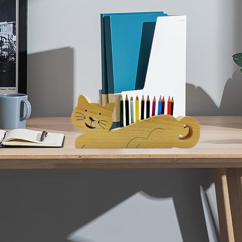 Organiseur de bureau chat en bois - Pot à crayons esthétique et rangement école