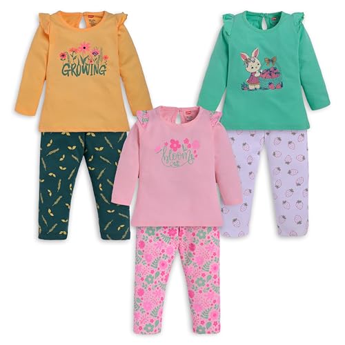 Image of LuvLap Baby Girls 100% Cotton Full Sleeve Girls Top & Pyjama CoSet Pack of 3