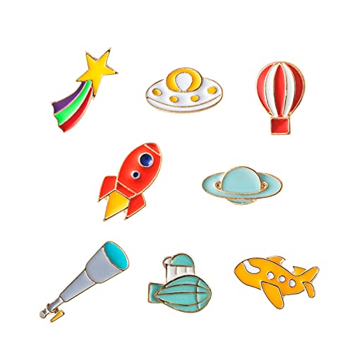 8Pcs Space Enamel Brooches Pins Airplane Rocket Hot Air Balloon Airship Astronomical Telescope Patterns Enamel Pins Cute Space Theme Lapel Pins Brooches Pin Badges for Girls Boys Clothing Backpacks Jackets Hats Bags