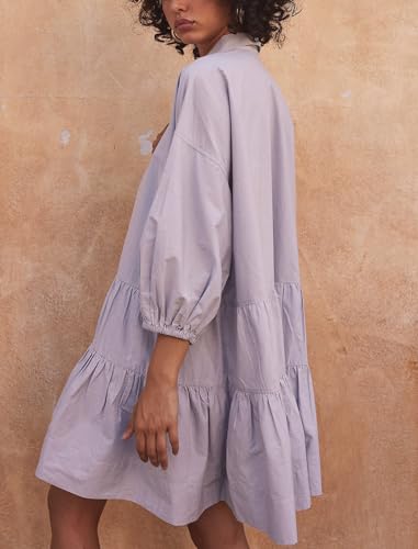 Image of chouyatou Women's Summer Puff Sleeve Tiered Tunic Babydoll Dress Cute Mini Button Down Shirt Dress