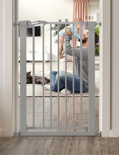 Image of BABELIO 36" Tall Narrow Baby Gate, 26-28.5" Auto-Close Metal Dog Gate for Small Stairs/Doorways/Hallways, NO Drilling Pressure Mounted for Child and Pets, NO Extensions, Gray