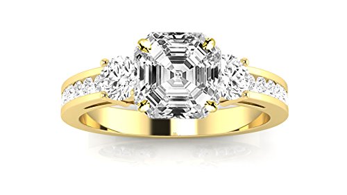 Houston Diamond District 3.75 Carat LAB GROWN DIAMOND Channel Set 3 Three Stone Princess Cut Diamond Engagement Ring (E-F Color VS2-SI1 Clarity 3 Ct Center) 14K Yellow Gold Asscher Shape Size-6.5