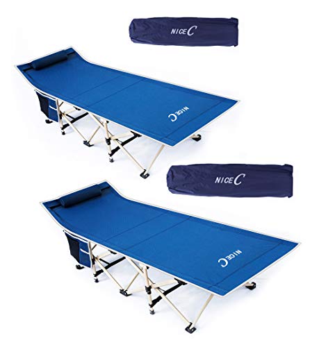 Nice C Lettino da campeggio pieghevole, letto per dormire, lettino per tenda, con cuscino, borsa per il trasporto e custodia, molto largo robusto, resistente fino a 500 libbre (set di 2 blu scuro)