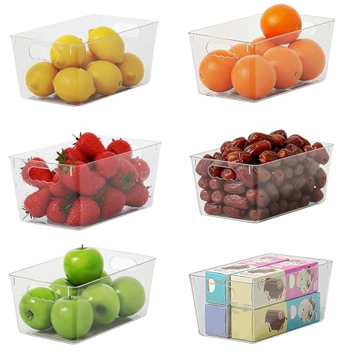 HPYLIF·H Fridge Organiser with Handles, Clear Pantry Organizer Bins, Food Storage Basket for Kitchen, Countertops, Cabinets, Refrigerator, Freezer, Bedrooms (6 Pack, S(24x13.5x11CM))