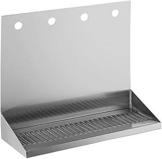 Stainless Steel Wall Mount Beer Drip Tray, Silver, 16x6x14 Inches, 4 Faucet, Rectangular, NSF Listed, with Removable Grate, Brass Drain
