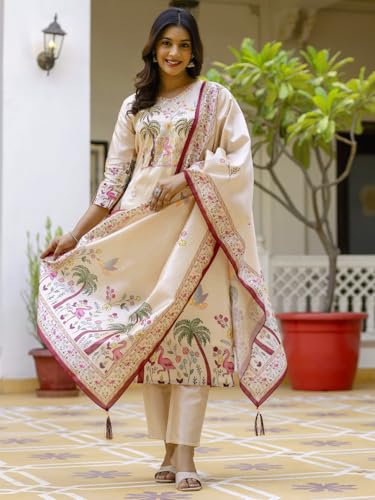 Image of VredeVogel Women's Viscose Silk Blend Straight Kurta Pant Set with Printed Dupatta for Festive & Casual Ethnic Kurta Sets