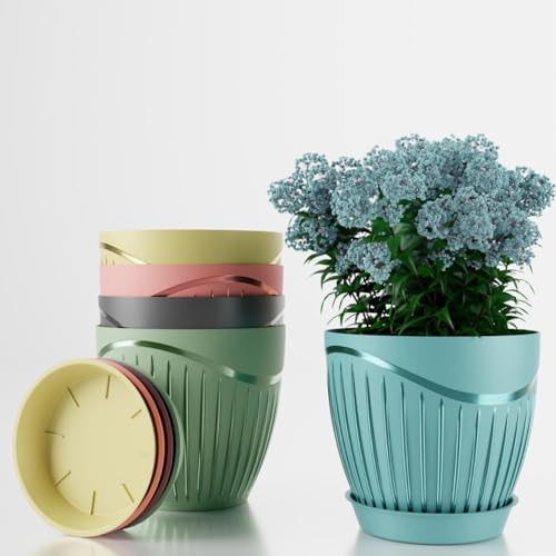 Image of ELUVIA Plastic Plant Pots with Drainage Holes and Trays - Set of 5 (6 Inch) - Minimalist Decorative Indoor Flower Pots for Living Room, Balcony & Office Garden (Multi-Color)