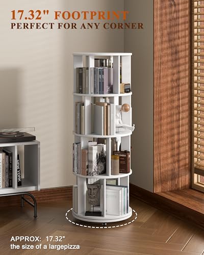 Image of IUNVR 4 Tier Rotating Bookshelf Tower Spinning Bookshelf with Swivel Wheels Book Shelf Rotating Storage Tower for Kids Adult Narrow Solid Wood Revolving Bookcase Organizer for Bedroom Living Room