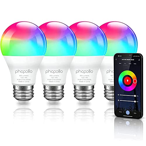 phopollo Smart Light Bulbs, RGBW WiFi Multicolor Led Light Bulbs Compatible with Alexa & Google Home Assistant, A19 E26 9W 60W Equivalent 800Lumen, App Control, No Hub Required, 4 Pack