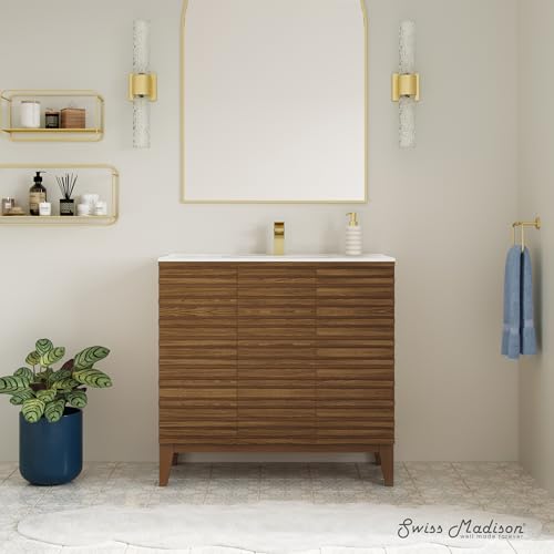 Image of Swiss Madison Cascade 36 inch Brown Oak Bath Vanity with White Ceramic Sink Top