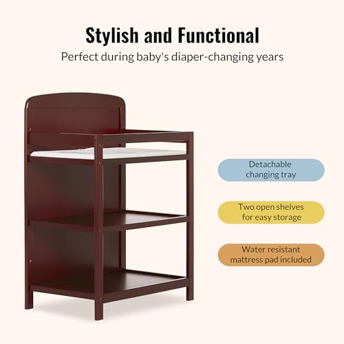 Image of Dream On Me Anna 3-in-1 Convertible Full-Size Baby Crib & Changer with Storage in Cherry, GreenGuard Gold & BSA, Pinewood, Converts to Day & Toddler Bed, 3 Mattress Heights, 1″ Changing Pad