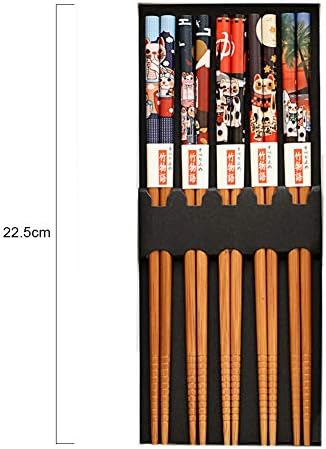Bosdontek Japanese Chopsticks - 5 Pairs Reusable Natural Wood Chopsticks, Dishwasher Safe, 9 Inch, Black Handmade Box with Bamboo Cat Pattern