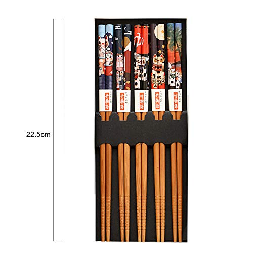 Bosdontek Japanese Chopsticks - 5 Pairs Reusable Natural Wood Chopsticks, Dishwasher Safe, 9 Inch, Black Handmade Box with Bamboo Cat Pattern