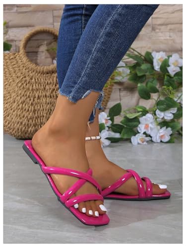 GORGLITTER Women's Criss Cross Strappy Flat Sandals Square Open Toe Dressy Summer Vacation 2025 Slip on Slide Shoes 5