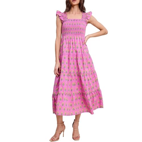 Image of Women Patchwork Dress Y2k Floral Puff Short Sleeve Maxi Dress Summer Boho Smocked Tiered Ruffle Beach Sundress