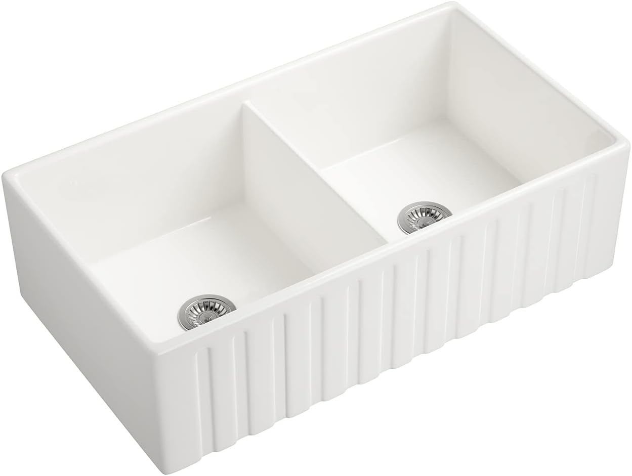 White Kitchen Sink, Fireclay Porcelain Double Bowl Apron-Front Kitchen Sink, Luxury Unique Design Ceramic Farm Sink