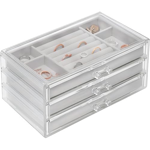 Sasha Morel Jewellery Box with 3 Storage Drawers | Earring Storage Organiser for Ring Bracelet Necklace Storage Box | Acrylic Display Case Gift Box | Jewellery Organiser Gifts for Women (Grey)