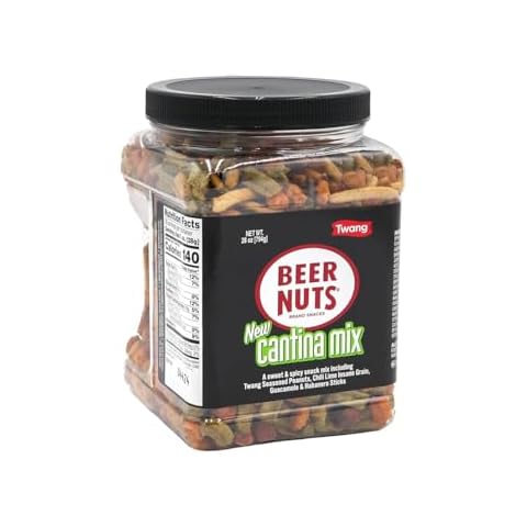 BEER NUTS Cantina Twang Mix, Sweet & Salty Original Roasted Peanuts, Chili Lemon Roasted Corn, Black Bean Sticks & Flakes, Guacamole Bites, Spicy Siracha Corn Sticks, Party Size, Resealable Jar (26oz) Cover
