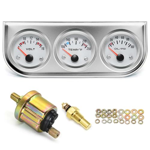 2”52mm Triple Gauge Set Car Gauge Cluster(8-16V Volt Meter+100-250℉ Water Temperature Gauge+0-100psi Oil Pressure Gauge),3 in 1 Car Auto Gauge Kit Dashboard with White Console for Most 12V Cars(White)