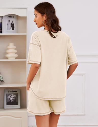 Image of Womens Pajama Sets Waffle Knit 2 Piece Short Lounge Set Cute Sleep Loungewear Pjs Set Short Sleeve Top and Shorts