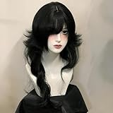 QWIFCMJF Long Wavy Jellyfish Wig Layered Upwarped Hair Highlight Split Dye Wig M-shaped Bangs Black White Red Purple Blue Grey Green Wig - Y2k Gothic&lolita Style Subculture Wig (Black)