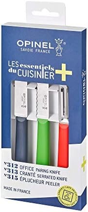 OPINEL Les Essentials+ Small Kitchen Prep 3 Piece Knife Set - Paring Knife, Serrated Knife, Peeler, Corrosion Resistant + Dishwasher Safe, Made in France