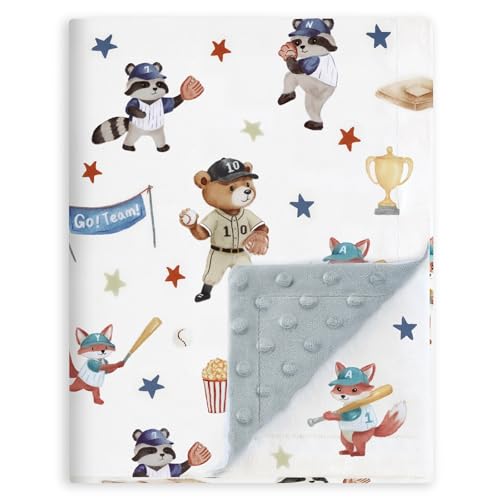 BORITAR Baby Blanket for Boys Girls, Soft Lightweight Minky Blanket with Double Layer Dotted Backing for Infant Toddler Nursery Crib with Cute Woodland Animal Baseball Design, 30 x 40 Inch