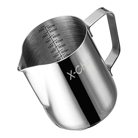 Milk Frothing Pitcher, X-Chef Milk Frother Cup, 20 oz, Metal Frothing Cup Stainless Steel, Milk Steaming Pitcher Espresso Coffee Latte Frother Cup Barista Tools for Coffee Bar (600 ml) Cover