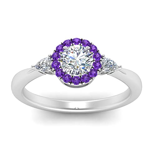 Image of Sterling Silver Sapphire & CZ Diamond Halo Engagement Ring with Pear Accent, Round Shape, Wedding & Everyday Jewelry for Women, US Sizes 4-12