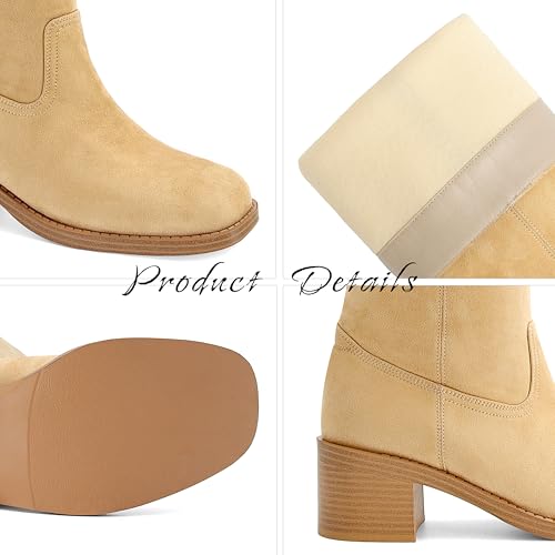 Image of DOEYG Women's Banana Knee High Boots Square Toe Chunky Block Heel Tall Boots Wide Calf Fashion Comfortable Casual Pull on Long Boots