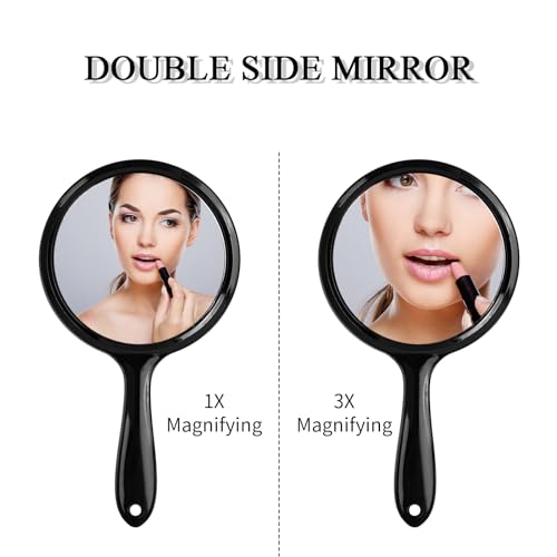 FESSOSKO Handspiegel mit Griff Doppelseitiger Spiegel 1X/3X Vergrößerung Spiegel Kosmetikspiegel Schminkspiegel Runde Form für Damen Tägliche Make-up (Schwarz)