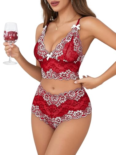 Image of Lilosy Sexy Lingerie for Women Lace Pajamas Set Cami Bra and Panty High Waist Sheer Sleepwear 2 Piece 2XS-6XL