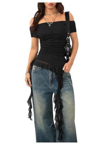 SOLY HUX Women's Off The Shoulder T Shirt Cap Sleeve Ruffle Asymmetrical Hem Ruched Tee Y2k Summer Tops