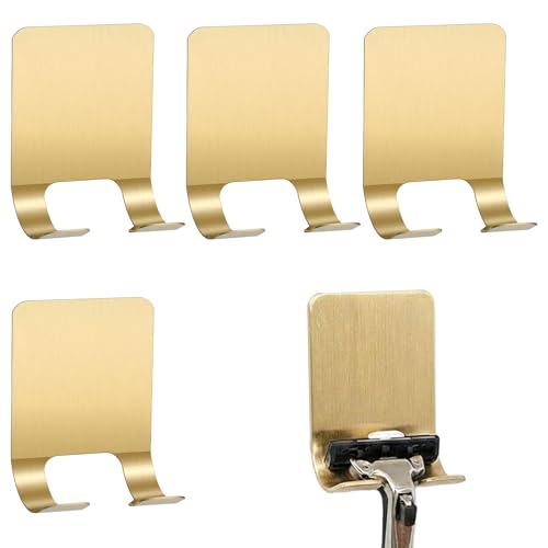 InnoHHustle 4 Pcs Gold Razor Holder Self Adhesive Shaver Hook Hanger Stand Stainless Steel Double Hooks Waterproof Metal Utility Storage Hanger Hooks Sticky Wall Hook for Bathroom and Kitchen Storage