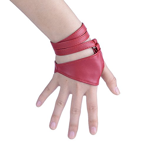JISEN Women Half Palm Fingerless PU Leather Night Bar Band Up Punk Gloves Red