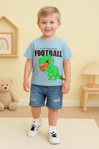 Image of Bold N Elegant Kids Dinosaur Football Cotton Half Sleeve T-Shirt with Denim Shorts Set for Infant Toddler Baby Boys Girls