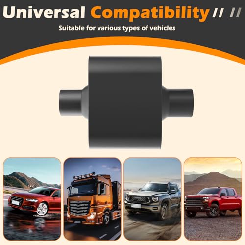 Image of A-KARCK Universal Exhaust Muffler 2.25 inch Center Inlet 2.25 inch Center Outlet, 13 inch Overall Length Aluminized Steel Aggressive Sound Race Muffler for Cars, Trucks (Black)