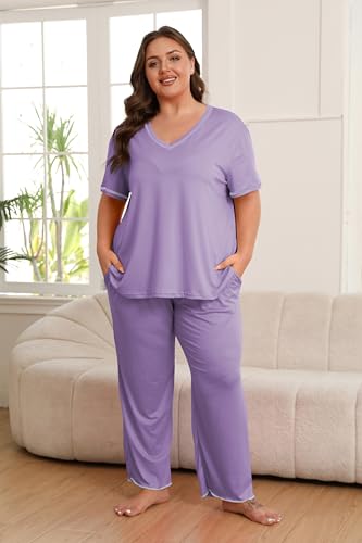 Image of Vozanet Women's Plus Size Pajama Sets Short Sleeve Long Pants Solid Color with Piping Trim Elegant Loungewear Cozy Sleepwear