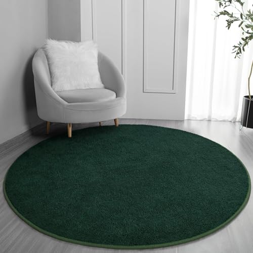 FlyDOIT Round Area Rugs for Bedroom Living Room, 5x5 Dark Green Super Soft Comfy Thickened Memory-Foam Indoor Circle Carpet, Modern Aesthetic Minimalist Carpet for Boys Girls Adults Nursery Home Décor
