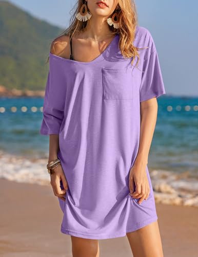 Image of Ekouaer Womens Tshirt Nightgown Cotton V Neck Sleepshirts Comfy Casual Nightshirt for Women